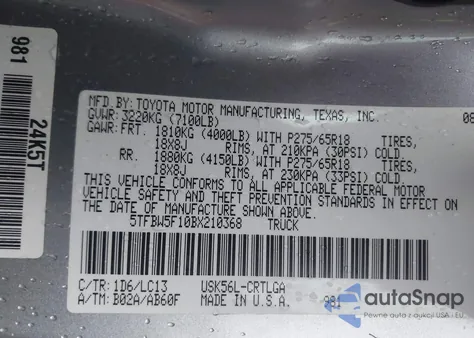 2011 Toyota Tundra Limited 5.7L V8 z USA, uszkodzony, nr VIN 5TFBW5F10BX210368